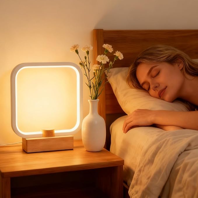 LED Wood Table Lamp – 3-Color Temperature Dimmable Bedside Night Light