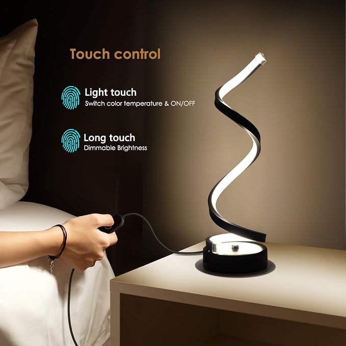 Black Spiral LED Table Lamp – 15.8 Inch Dimmable Touch Bedside Lamp