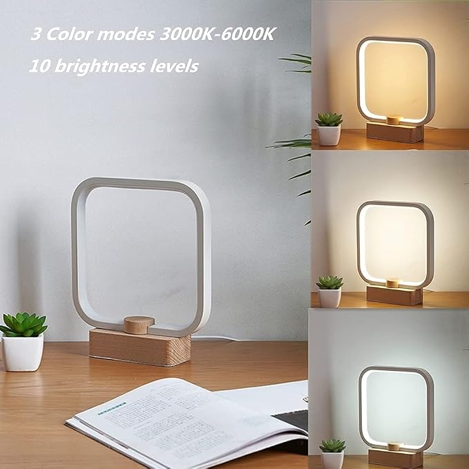 LED Wood Table Lamp – 3-Color Temperature Dimmable Bedside Night Light