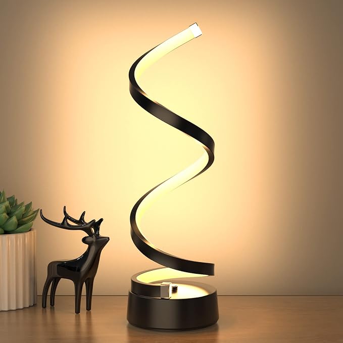 Black Spiral LED Table Lamp – 15.8 Inch Dimmable Touch Bedside Lamp