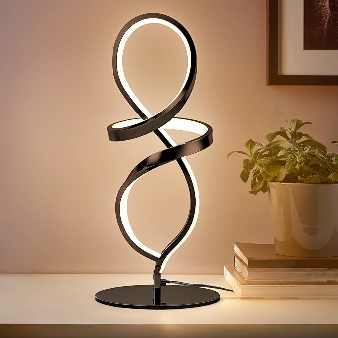 Modern Small Table Lamp – 12W Black LED Spiral Nightstand Lamp
