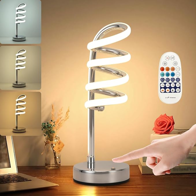 Modern Spiral Table Lamp – Dimmable LED Silver Bedside Lamp