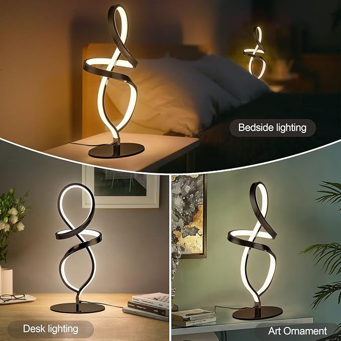 Modern Small Table Lamp – 12W Black LED Spiral Nightstand Lamp