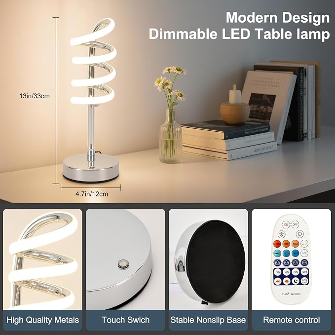 Modern Spiral Table Lamp – Dimmable LED Silver Bedside Lamp