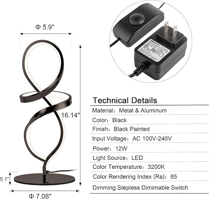 Modern Small Table Lamp – 12W Black LED Spiral Nightstand Lamp