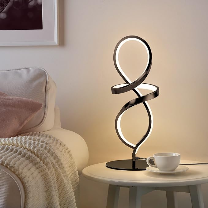 Modern Small Table Lamp – 12W Black LED Spiral Nightstand Lamp